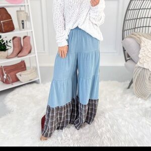 Blue Plaid Wide leg Pants